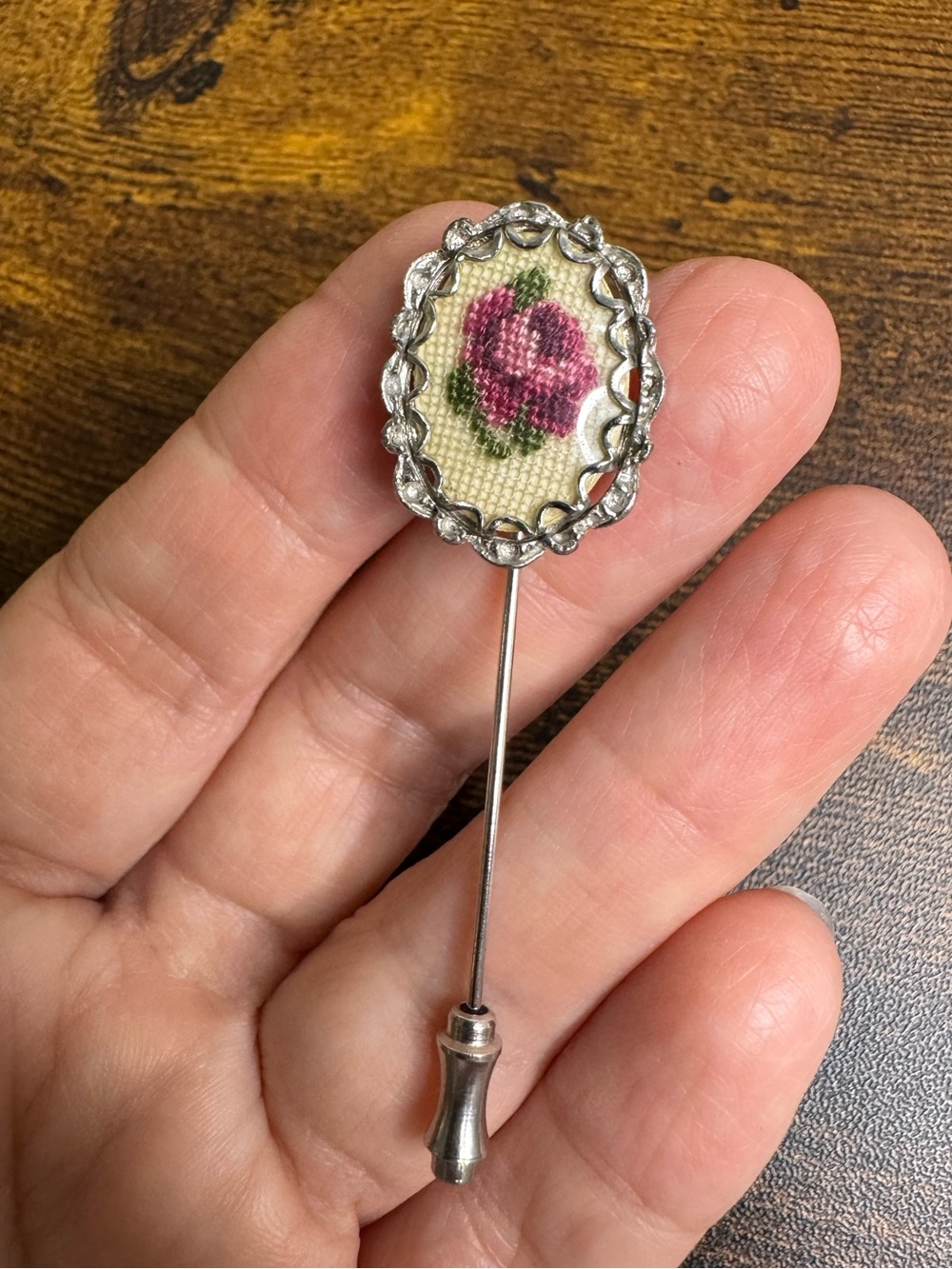 Vintage Pink Rose Floral Petit Point Stick Hat Pin